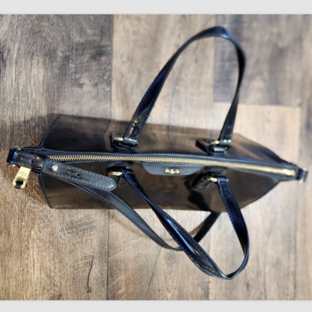 LRL RALPH LAUREN GLAZED LEATHER SATCHEL HAND BAG with GOLD Logo HARDWARE - Picture 4 of 16